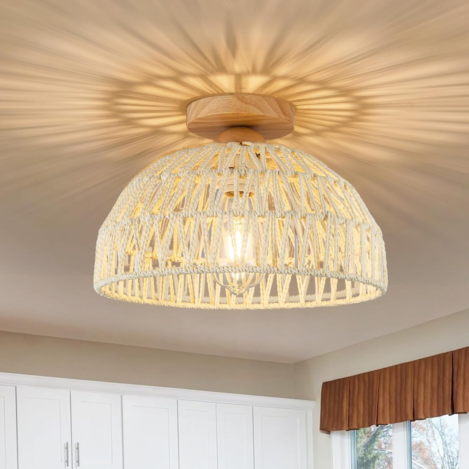 Rattan Ceiling Light Fixtures Small Boho Chandelier Lights Cream White ...