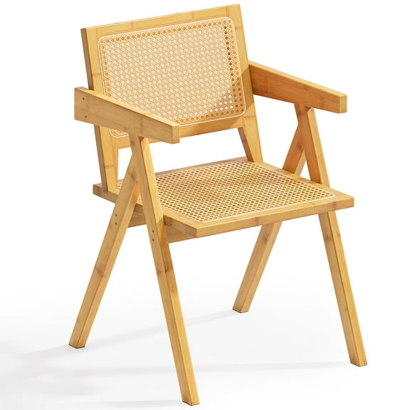 Rattan Chairs, Bamboo Rattan Dining Chairs, Solid Wood Comfy Arm Chairs, Woven Cane Back and Seat Mid Century Modern Chairs, Vintage Decorative Boho Chairs for Kitchen, Bedroom, Living Room, Entryway