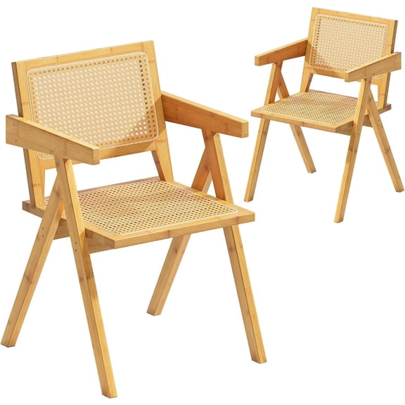 Rattan Chairs Set of 2, Bamboo Rattan Dining Chair, Solid Wood Comfy Armchairs, Woven Cane Back, Mid Century Modern Armchair, Vintage Decorative Boho Chair for Kitchen, Bedroom, Living Room, Entryway
