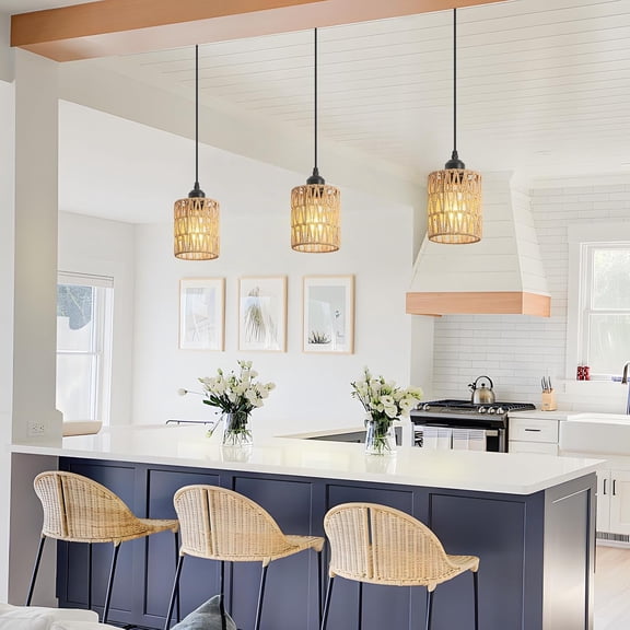 Rattan Chandelier Pendant Lights Kitchen Island,Farmhouse Boho Chandeliers Adjustable Height Hanging lamp for Dining Room,Small Kitchen Ceiling Light Fixtures with Hand Woven Wicker Lampshade