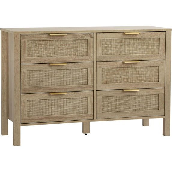 Rattan Chest of Dressers, Wooden Drawer Dresser, 3 Drawers Rattan Dresser for Bedroom, Living Room, Hallway (Natural-6 Drawers)