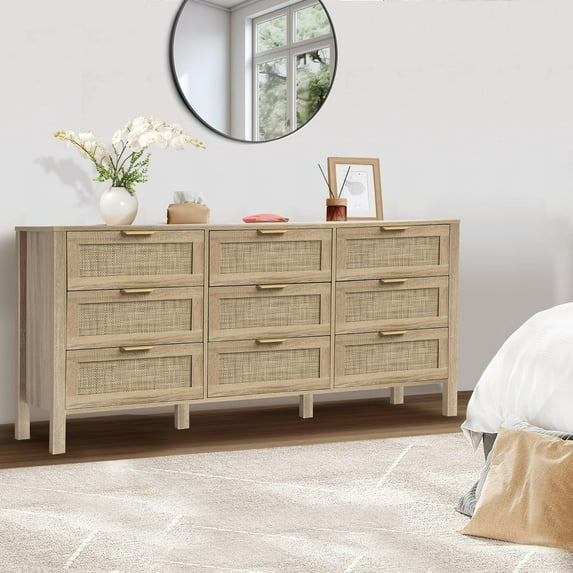 Rattan Chest of Dressers, Wooden Drawer Dresser, 9 Drawers Rattan Dresser for Bedroom, Living Room, Hallway (Natural-9 Drawers)