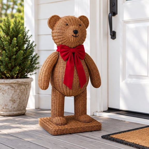Rattan Christmas Bear Decor,7.87 Inch Standing Woven Teddy Bear Statue with Red Velvet Bow and Base,Farmhouse Rustic Holiday Decoration for Front Porch Mantel Tabletop Home