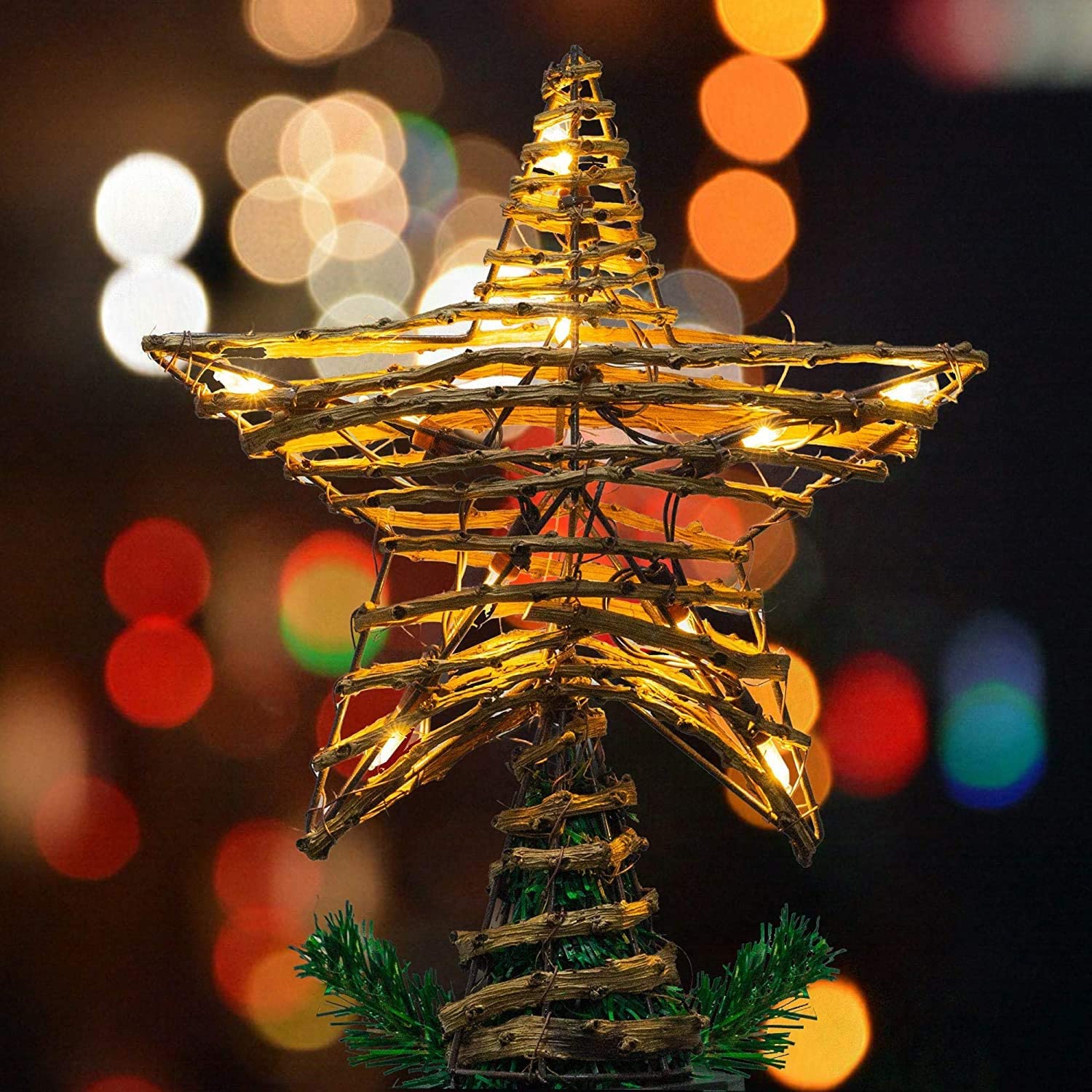 Rattan Christmas Tree Topper, Artificial Rattan Christmas 10 LED Pre