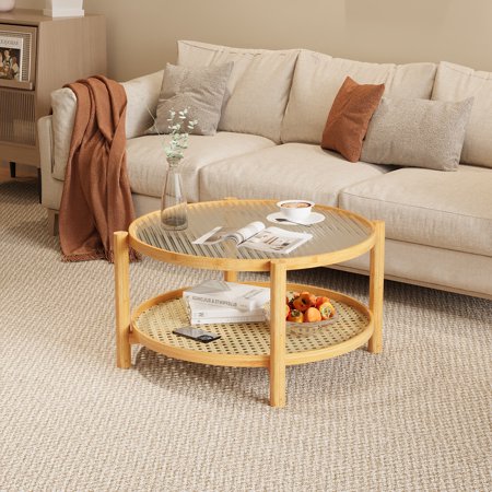Rattan Coffee Table, 2-Tier Bamboo Coffee Table with Glass Top and PVC Rattan Storage Shelf, Modern Round Coffee Table for Living Room, Office, Natural