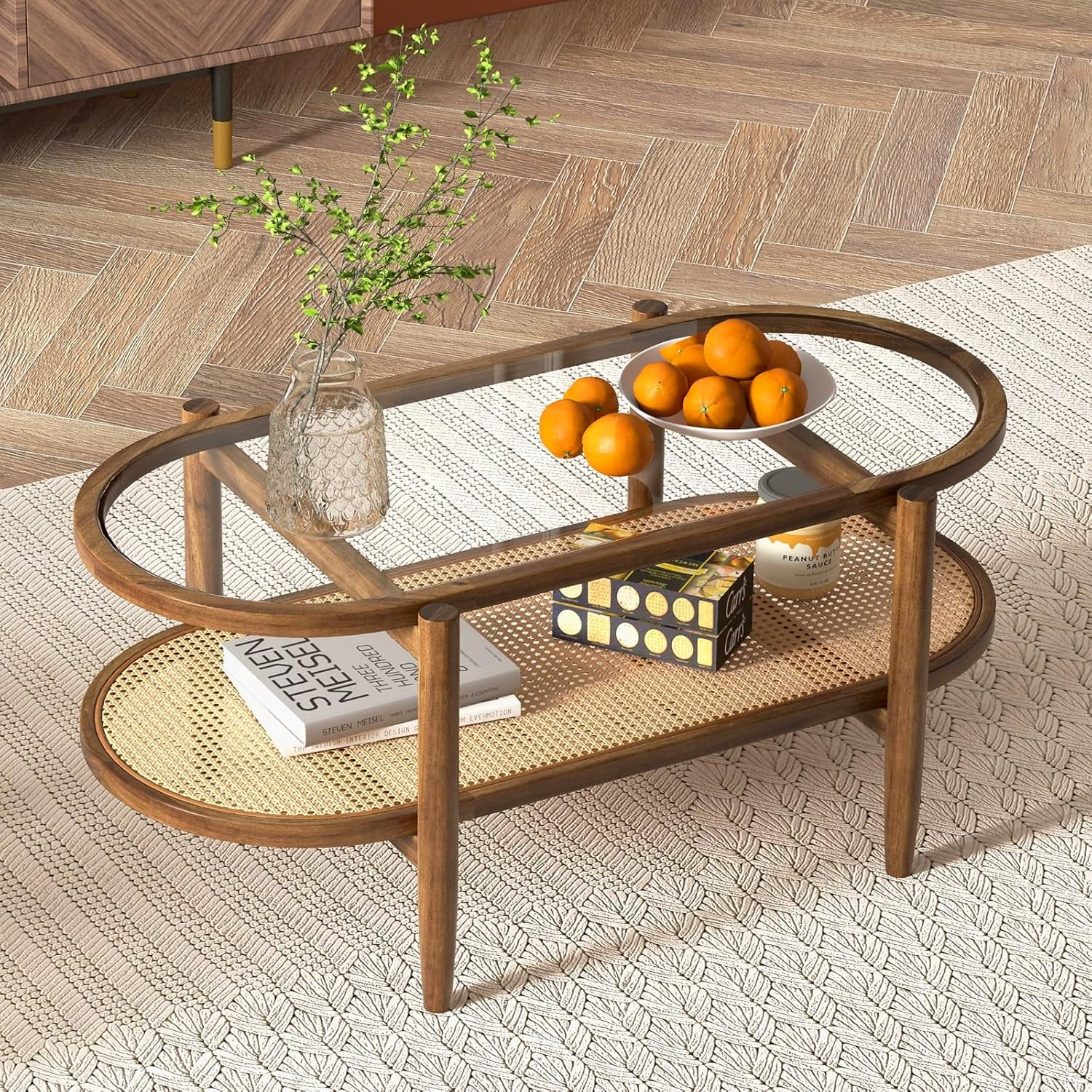 Rattan Coffee Table, 2 Tier Oval Acacia Wood Coffee Table with Tempered