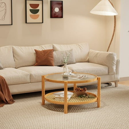 Rattan Coffee Table, 2-Tier Round Bamboo Center Table with Water Ripple Glass Top and PVC Rattan Storage Shelf, Modern Natural Accent Table for Living Room or Office