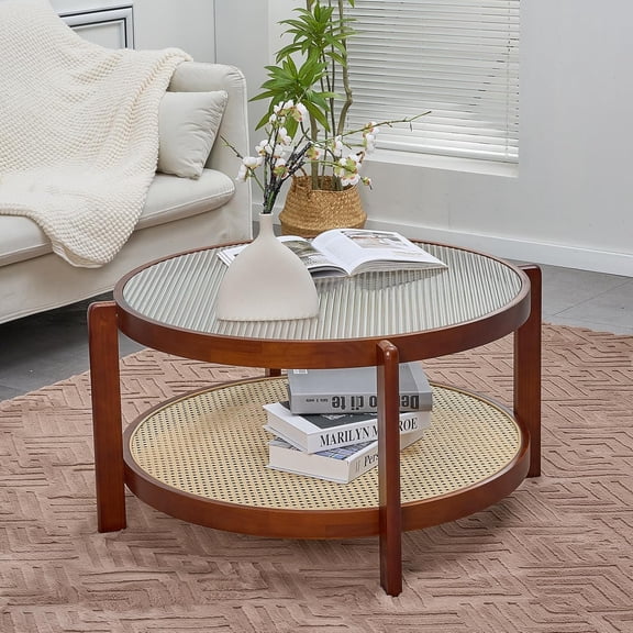 Rattan Coffee Table, 2-Tier Solid Wood with Glass Top and PE Rattan Storage Shelf, Modern Round Coffee Table for Living Room, Office