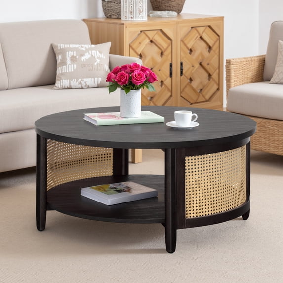 Cane Rattan Coffee Table,2-Tier Wood Coffee Table with Boho Woven Rattan Storage Shelf,Black
