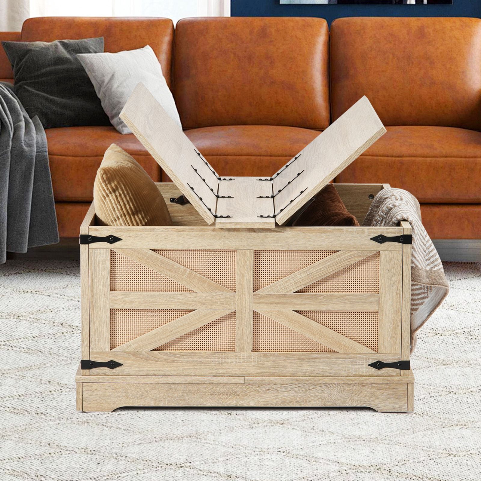 Rattan Coffee Table, 32-Inch Rectangle PE Rattan Woven Storage Table with MDF Top and Dual Lift-Top Design for Living Room, Bedroom and Small Spaces