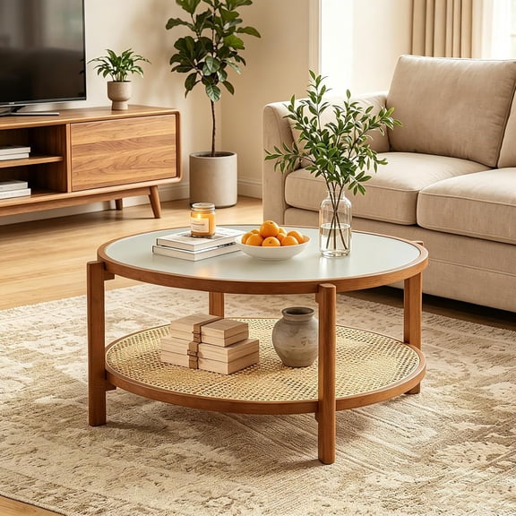 Rattan Coffee Table, 35" Farmhouse Glass Center Table with Storage, Frosted Tempered Glass Top & Solid Wood Leg, Small Accent Tea Table, Round Coffee Table for Living Room, Small Space, Walnut