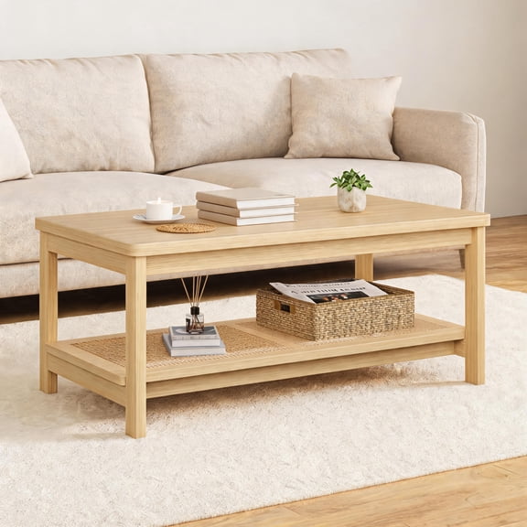 Rattan Coffee Table, 39 Inch Wood 2 Tier Rectangular Center Table with Storage Shelf for Living Room