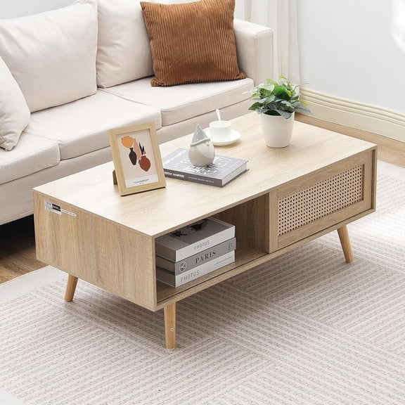 Rattan Coffee Table 42 Inch Mid  Modern Boho Style Two Layers Storage Wood Table for Living Room Bedroom