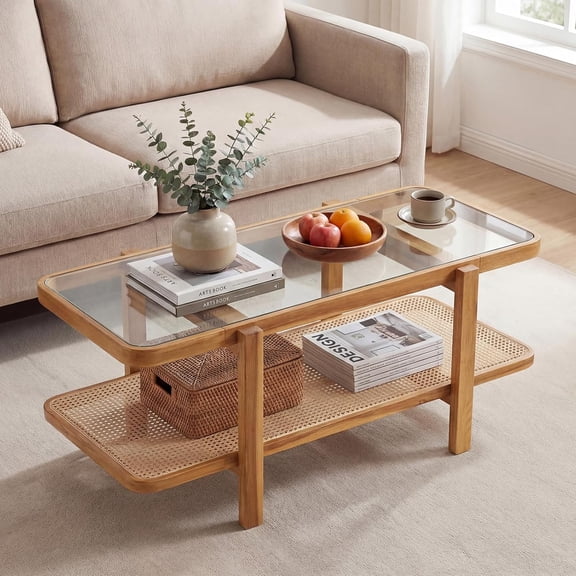 Rattan Coffee Table, 47.5 Solid Wood Center Table with Tempered Glass Top & Rattan Storage Shelf, Rectangular, Farmhouse, Boho, 2-Tier Mid Century Modern Tea Table for Living Room (Oak)