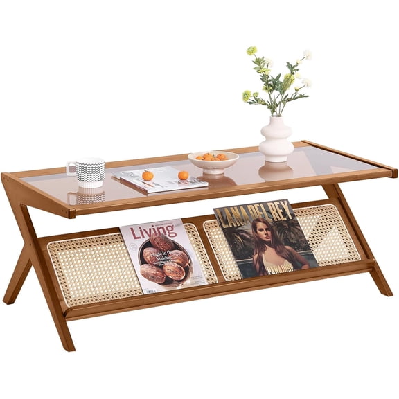 Rattan Coffee Table, Bamboo Accent Bedside Tables, Glass Nightstand Side Table, Boho Wooden End Table with Storage for Living Room,Living Room, Dining Room, Tea, Home Dcor