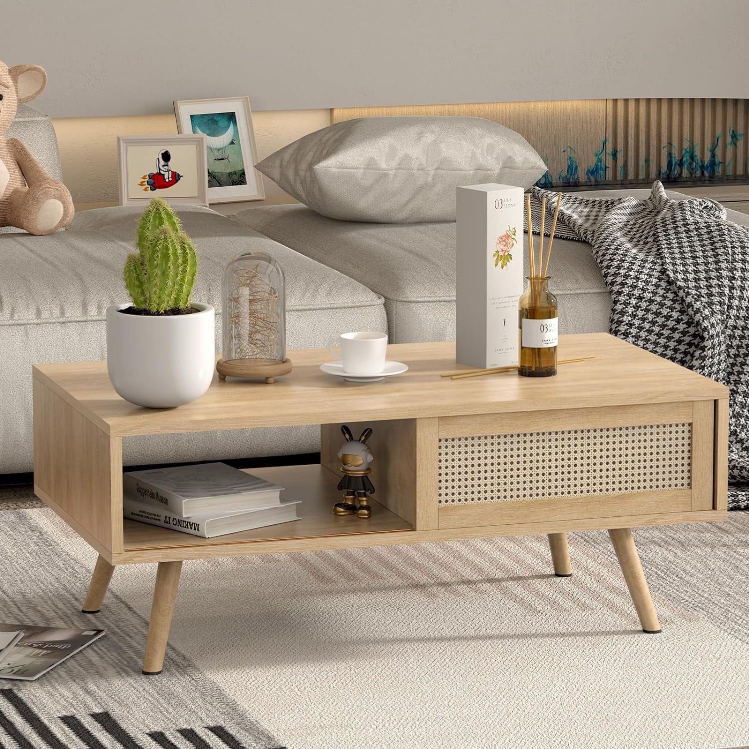Rattan Coffee Table Mid Century Modern Coffee Table with Storage 41.3 ...