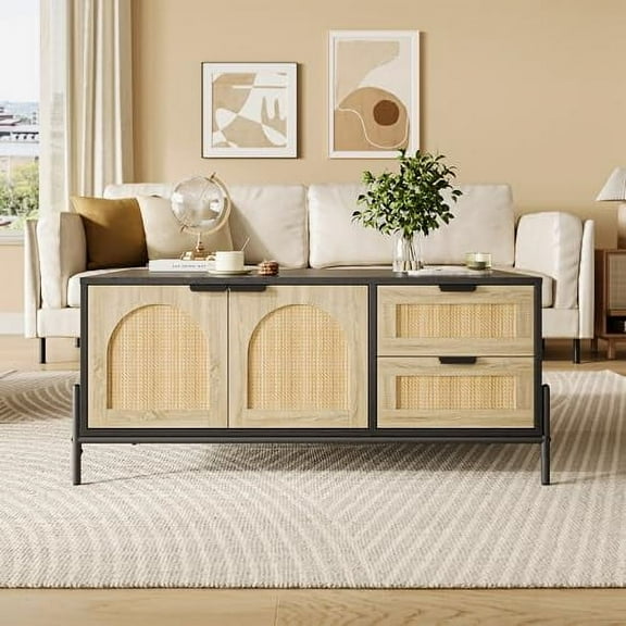 Rattan Coffee Table,Mid Century Modern with Drawer & Shelf, 39.4'' Wooden Coffee Table,Rattan Center Table With LED Lights for Living Room