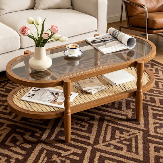 Rattan Coffee Table, Oval Cocktail Table, Boho Oval Coffee Table for ...
