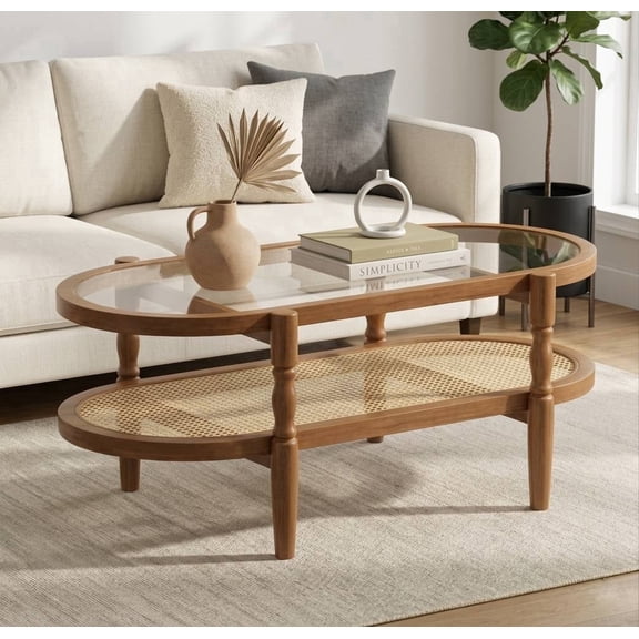 Rattan Coffee Table, Oval Tempered Glass Wood Tea Table, Living Room Table with Storage Shelf, Boho Center Table for Living Room or Office, Brown, 40 Inch