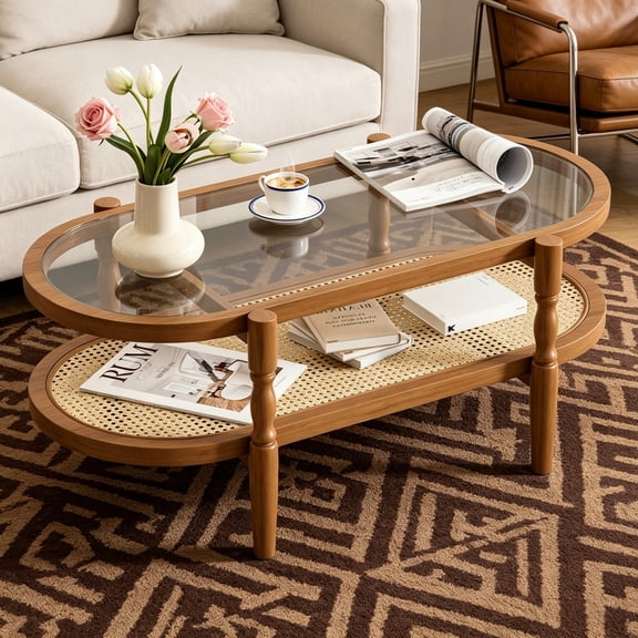 MARQUESSIA Coffee Table for Living Room 48'' Oval Tempered Glass Wood Tea Table with 2-Tier Storage Center Table Boho Table for Apartment Brown