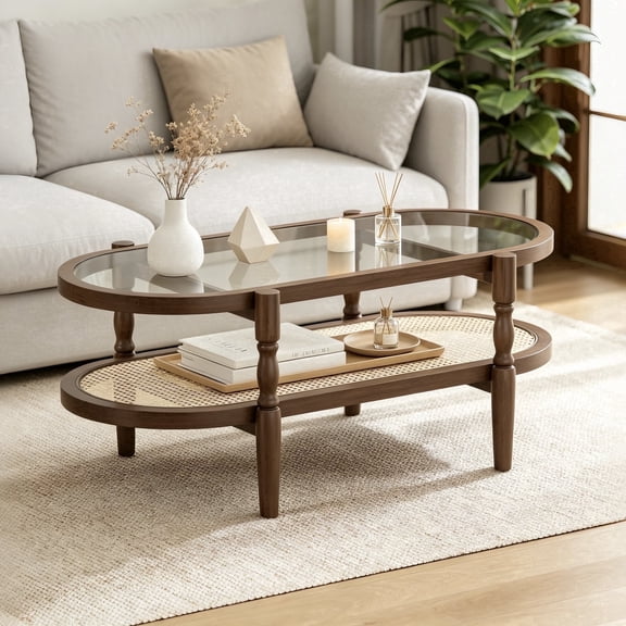 Rattan Coffee Table, Oval Tempered Glass Wood Tea Table, Living Room Table with Storage Shelf, Boho Center Table for Living Room or Office, Walnut Brown, 40 Inch