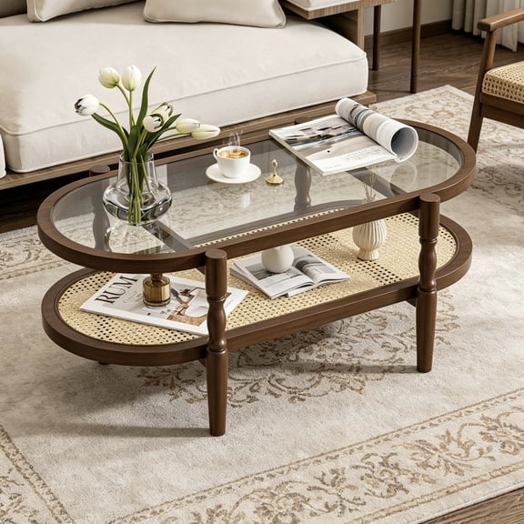 MARQUESSIA Coffee Table for Living Room 48'' Oval Tempered Glass Wood Tea Table with 2-Tier Storage Center Table Boho Table for Apartment Walnut Brown