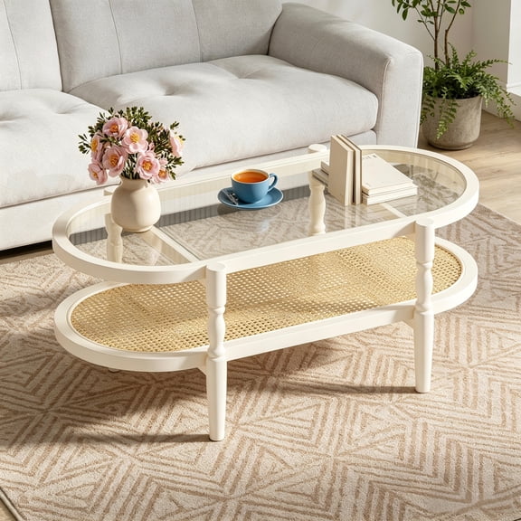 MARQUESSIA Coffee Table for Living Room 40'' Oval Tempered Glass Wood Tea Table with 2-Tier Storage Center Table Boho Table for Apartment Office White