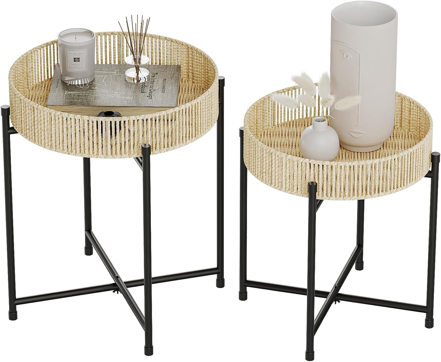 Rattan Coffee Table Round Boho Side Table for Living Room End Tables ...