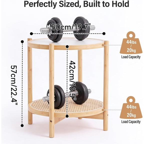 Rattan Coffee Table Round End Table 19.7 Inch Modern Side Table Small Bamboo Living Room Glass Sofa End Table for Balcony Office Outdoor Indoor Wood