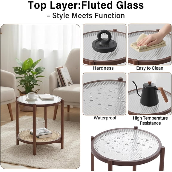 Rattan Coffee Table, Round End Table, 2-Tier Modern Side Table, Small Bamboo Living Room Side Table, Glass Sofa End Table for Balcony and Office Outdoor/Indoor (Walnut)