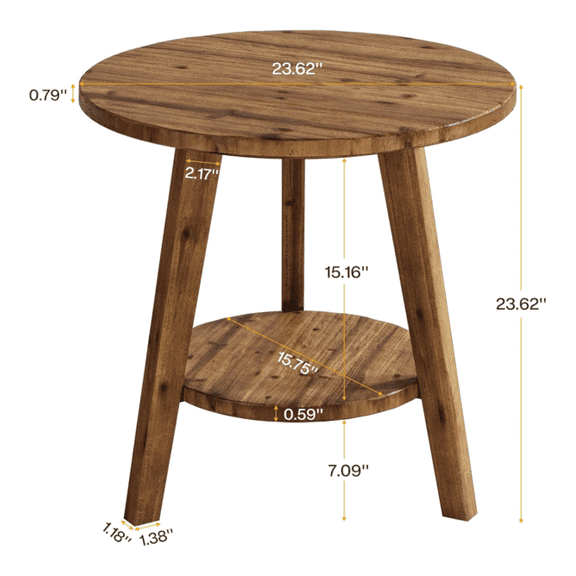 Rattan Coffee Table, Round Side Table, Rustic Wood End Table with Storage Shelf, Living Room Bedroom Furniture