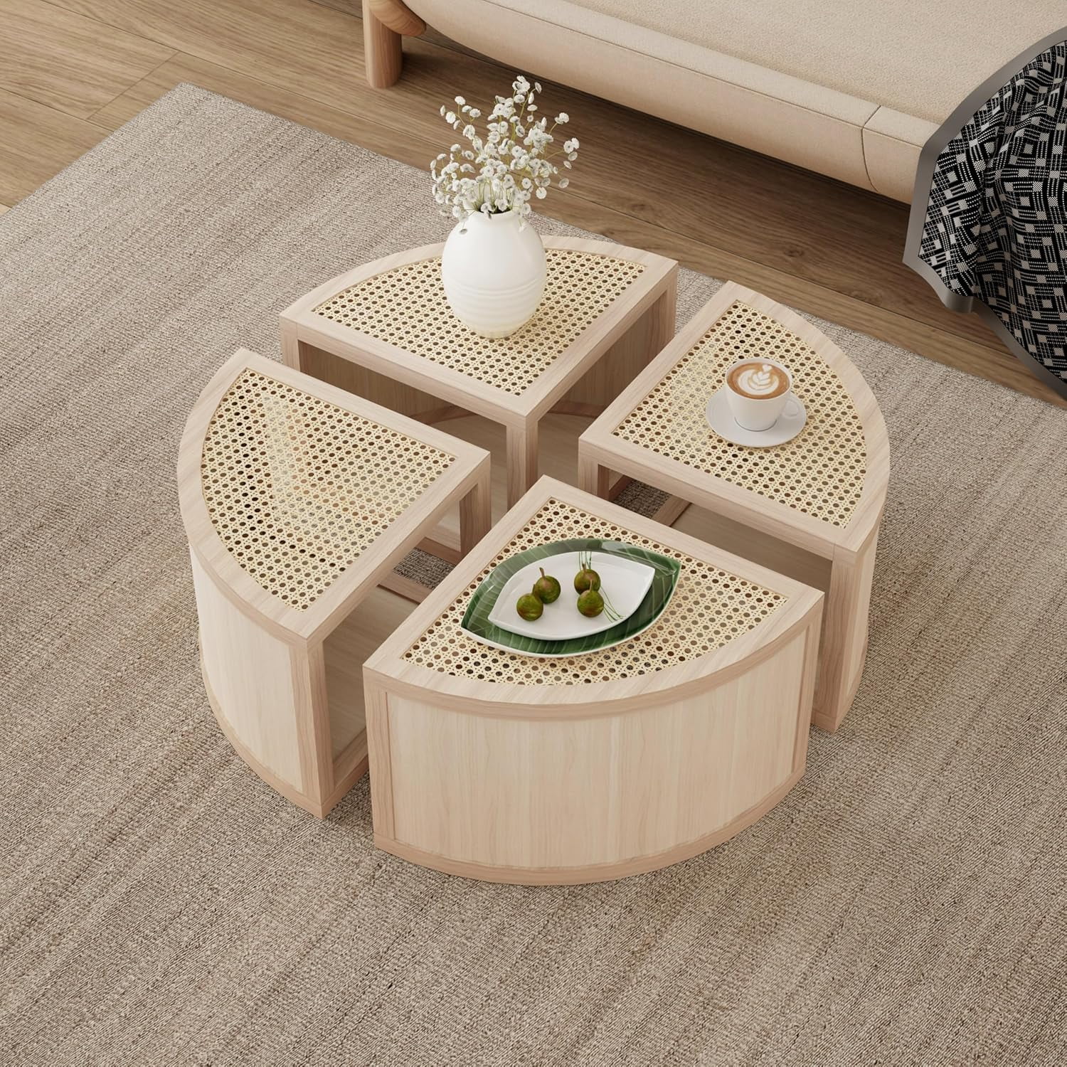 Rattan Coffee Table Round to Square Block Modular Coffee Table 4 Piece ...