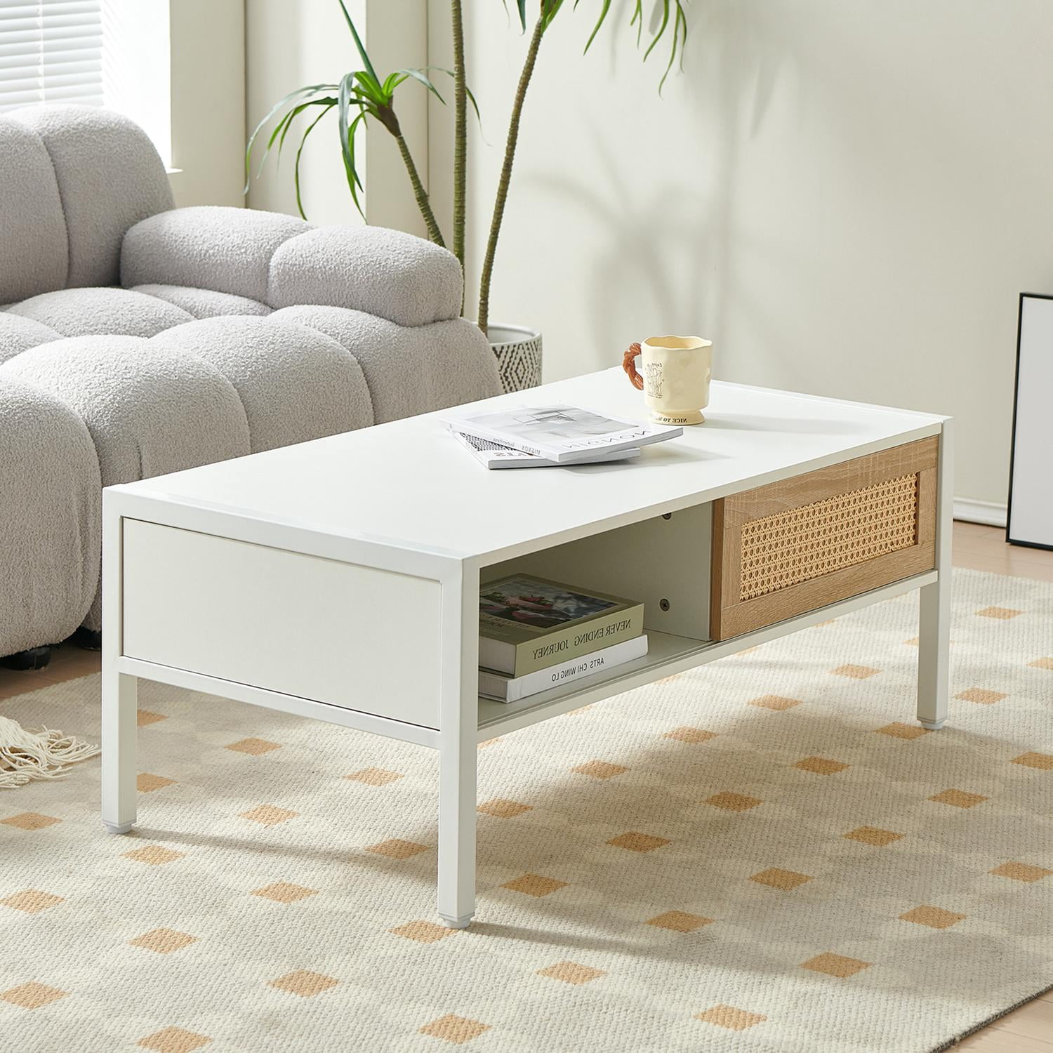Rattan Coffee Table, Storage Coffee Table, Modern Living Room Table with Sliding Rattan Door, MDF Body and Metal Legs, 220LBS Capacity, 40.16" L x 21.26" W, White