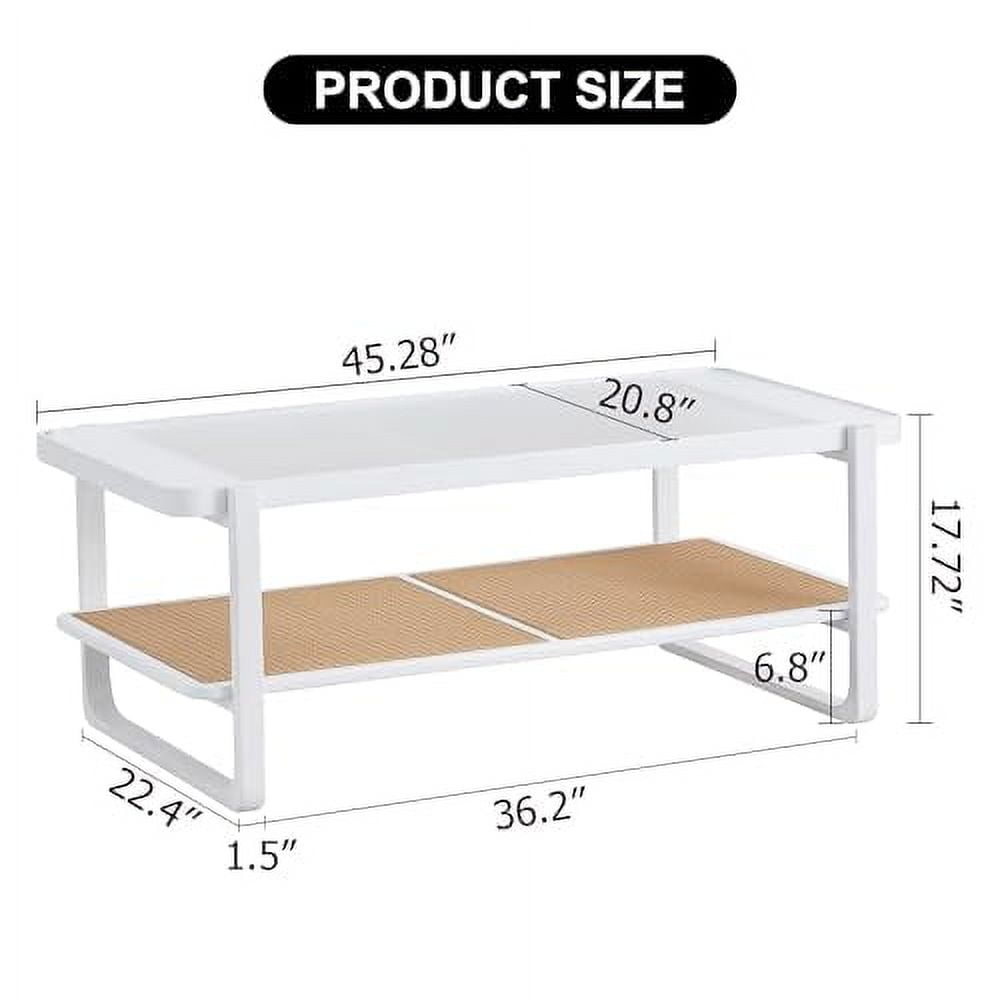 Rattan Coffee Table, White Living Room Table With Tempered Glass Top 