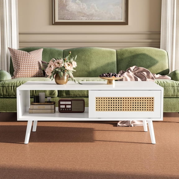 Rattan Coffee Table with Sliding Doors and Storage Boho Style for Living Room Bedroom