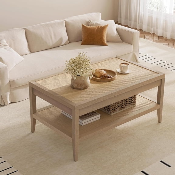 Rattan Coffee Table with Storage - Boho Rectangular Center Table for Living Room, 2-Tier Shelf, Light Oak