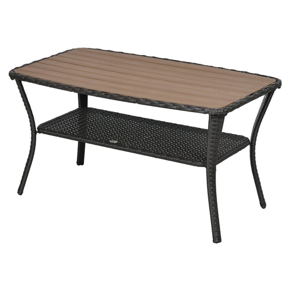 Rattan Coffee Table with Storage Shelf, Outdoor Patio Side Table with Wood-Plastic Composite Top, PE Wicker, Mixed Brown
