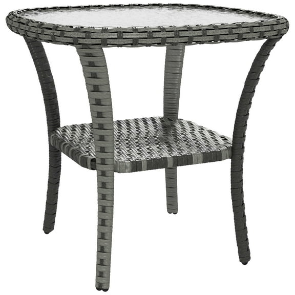 Rattan Coffee Table with Storage Shelf, Wicker Side Table with Tempered Glass Top