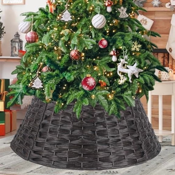 Rattan  Collar 24in, Tree Collar Round Handwoven Disassemble, Brown  Ring Wicker Rustic Metal Frame Decoration to Cover Artificial Tree$$Home Decor, Kitchen, & Other