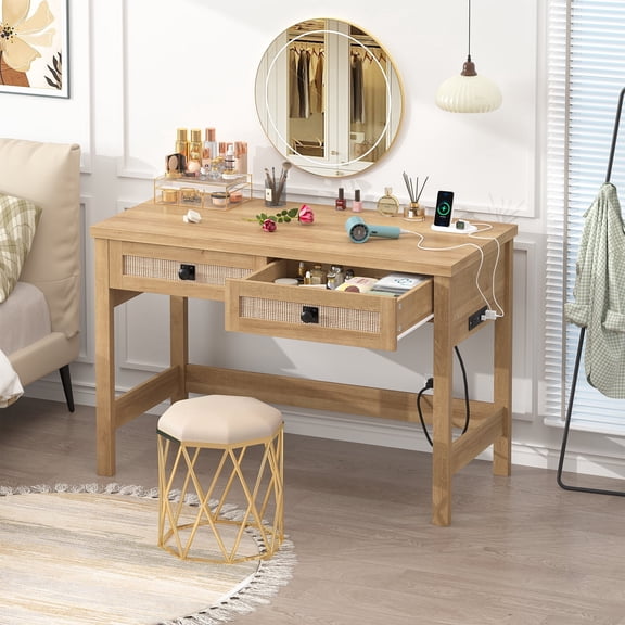 Rattan Computer Desk with 2 Drawers, 39 Inch Small Desk with Power Outlets, Farmhouse Boho Vanity Desks, Compact Writing Study Table for Small Spaces, Oak