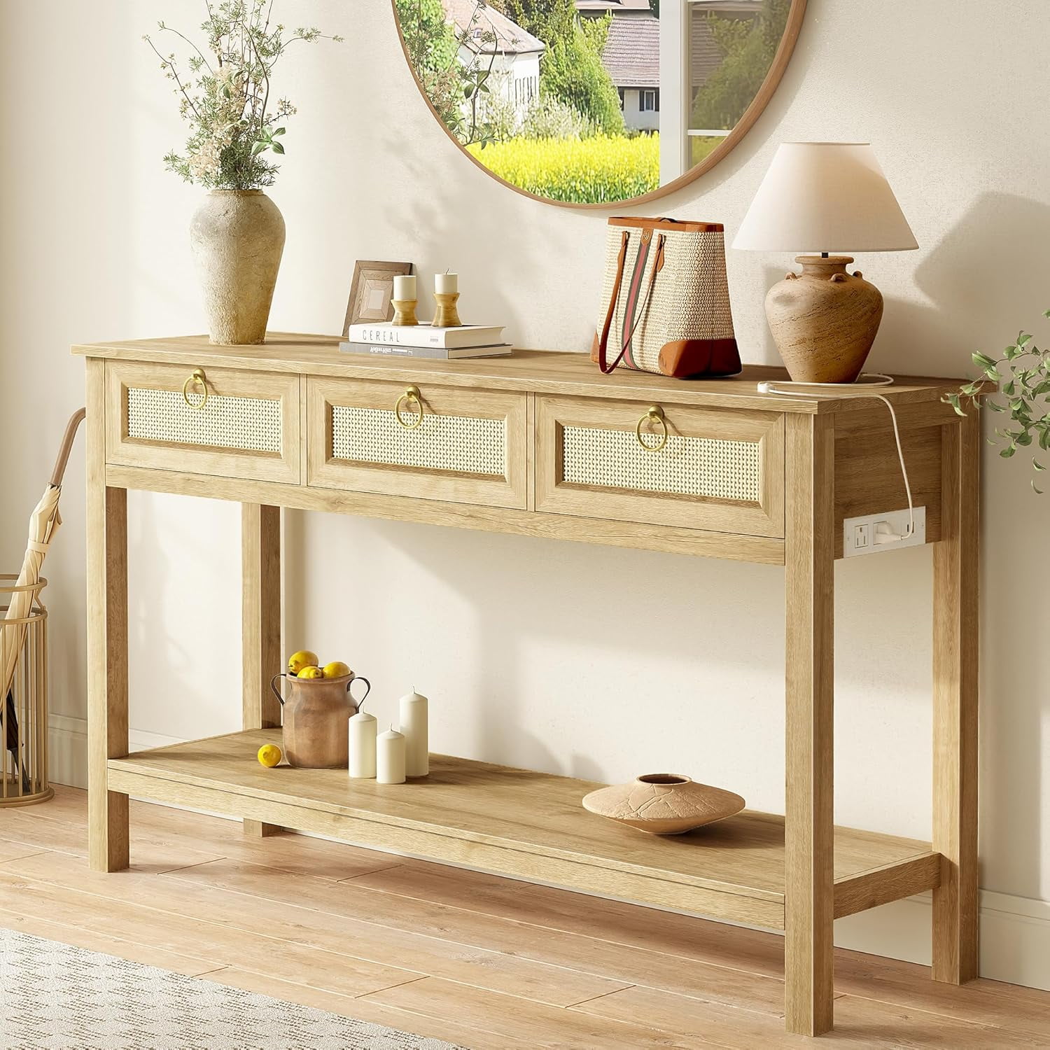 Rattan Console Sofa Table with Outlets and USB-C Port, 3 Drawer ...