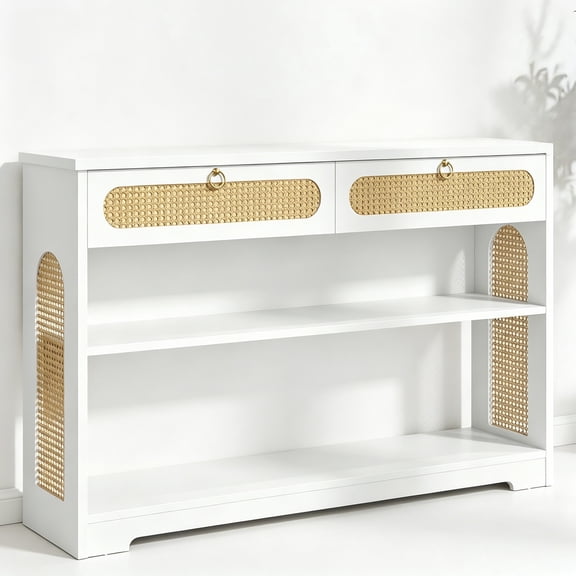 Rattan Console Table with 2 Drawers, 3-Tier Boho Woven Entryway Table with Back Panel and Open Storage Shelf, 40" Wood Narrow Long Sofa Tables for Hallway, Foyer, Living Room