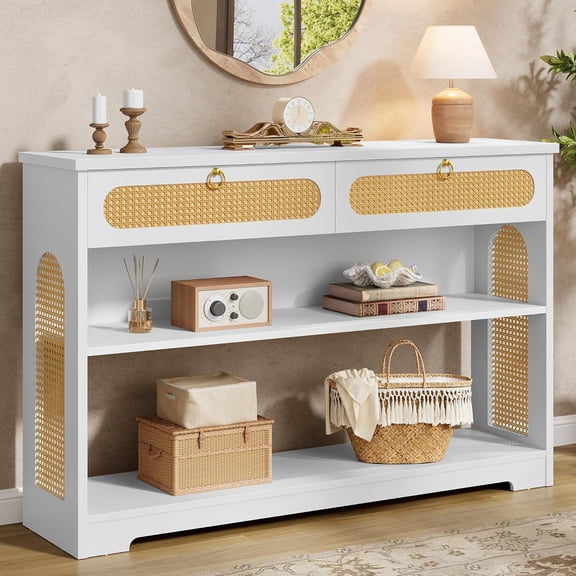 Rattan Console Table with 2 Drawers, 3-Tier Boho Woven Entryway Table with Back Panel and Open Storage Shelf, 40" Wood Narrow Long Sofa Tables for Hallway, Foyer, Living Room, White