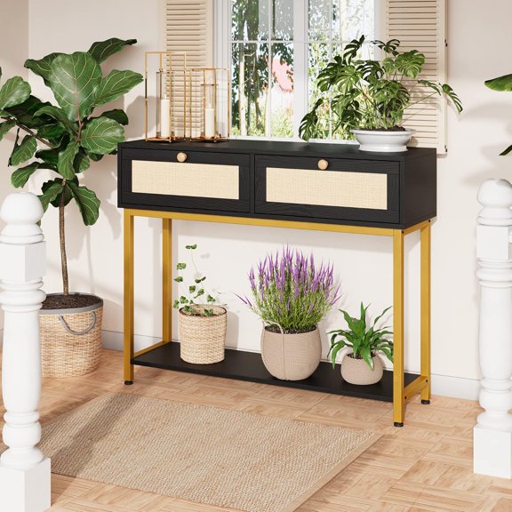 Rattan Console Table with 2 Drawers, Boho Entryway Table, Narrow Long Sofa Table with Storage Shelf, Hallway Foyer Table, Behind Couch Accent Console Table for Living Room