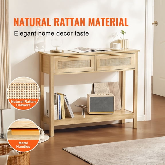 Rattan Console Table with 2 Storage Drawers,Rattan Entryway Table with Natural Rattan Sliding Door,Console Sofa Table for Living Room,Study,Entryway Or TV Wall,Natural