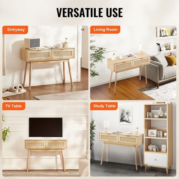 Rattan Console Table with 2 Storage Drawers,Rattan Entryway Table with Natural Rattan Sliding Door,Console Sofa Table for Living Room,Study,Entryway Or TV Wall,Natural