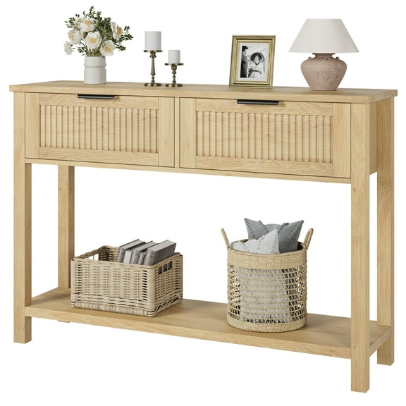 Rattan Console Table with 2 Storage Drawers, Rattan Entryway Table with Natural Rattan Sliding Door, Console Sofa Table for Living Room, Study, Entryway Or TV Wall