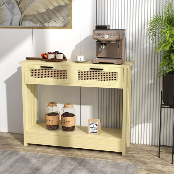Tarnorci Console Table with Rattan Drawers,Wood Entryway Table Hallway Table Sofa Table with Open Storage Shelf for Living Room,Foyer and Corridor（Maple Color）