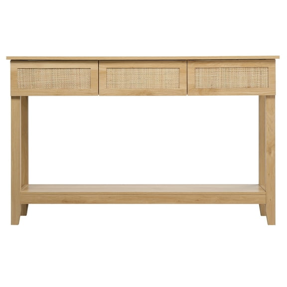 Rattan Console Table with 3 Drawers and Open Storage Shelf, Entryway Table Narrow Long Sofa Table Hallway Foyer Table Behind Couch Table, Natural Wood