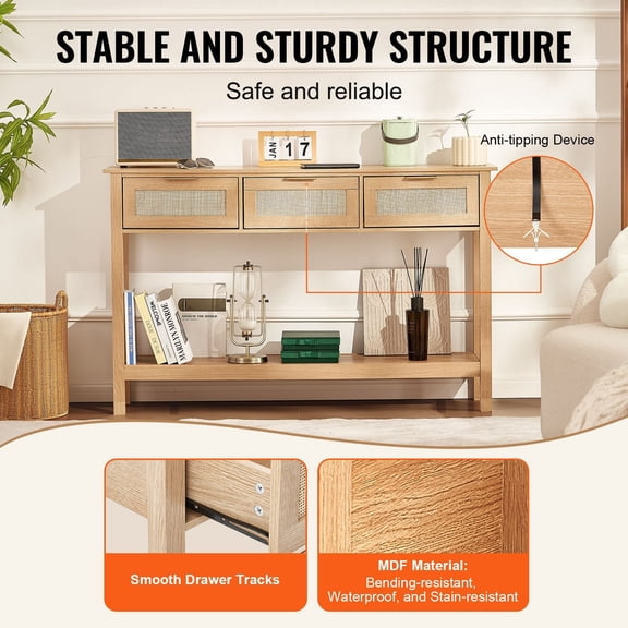 Rattan Console Table with 3 Storage Drawers,Rattan Entryway Table with Natural Rattan Sliding Door,Console Sofa Table for Living Room,Study,Entryway Or TV Wall,Natural